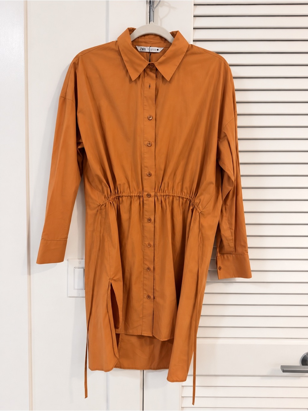 Zara Copper-Tone Button-Front Long Sleeve Shirt Dress